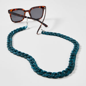Brillenkette / Maskenkette in petrolfarbenem Acetat an einer Sonnenbrille