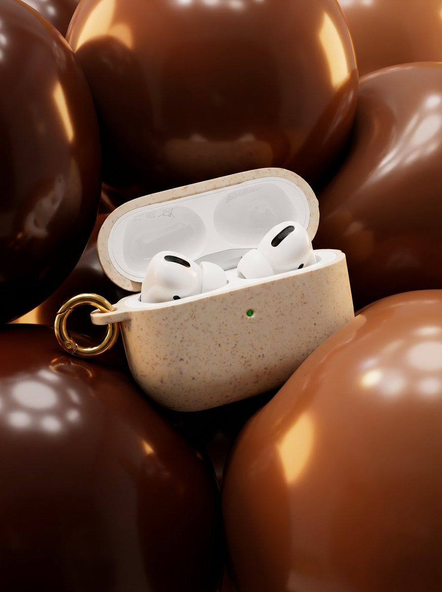 Biodegradable AirPod case on chocolate brown balloons
