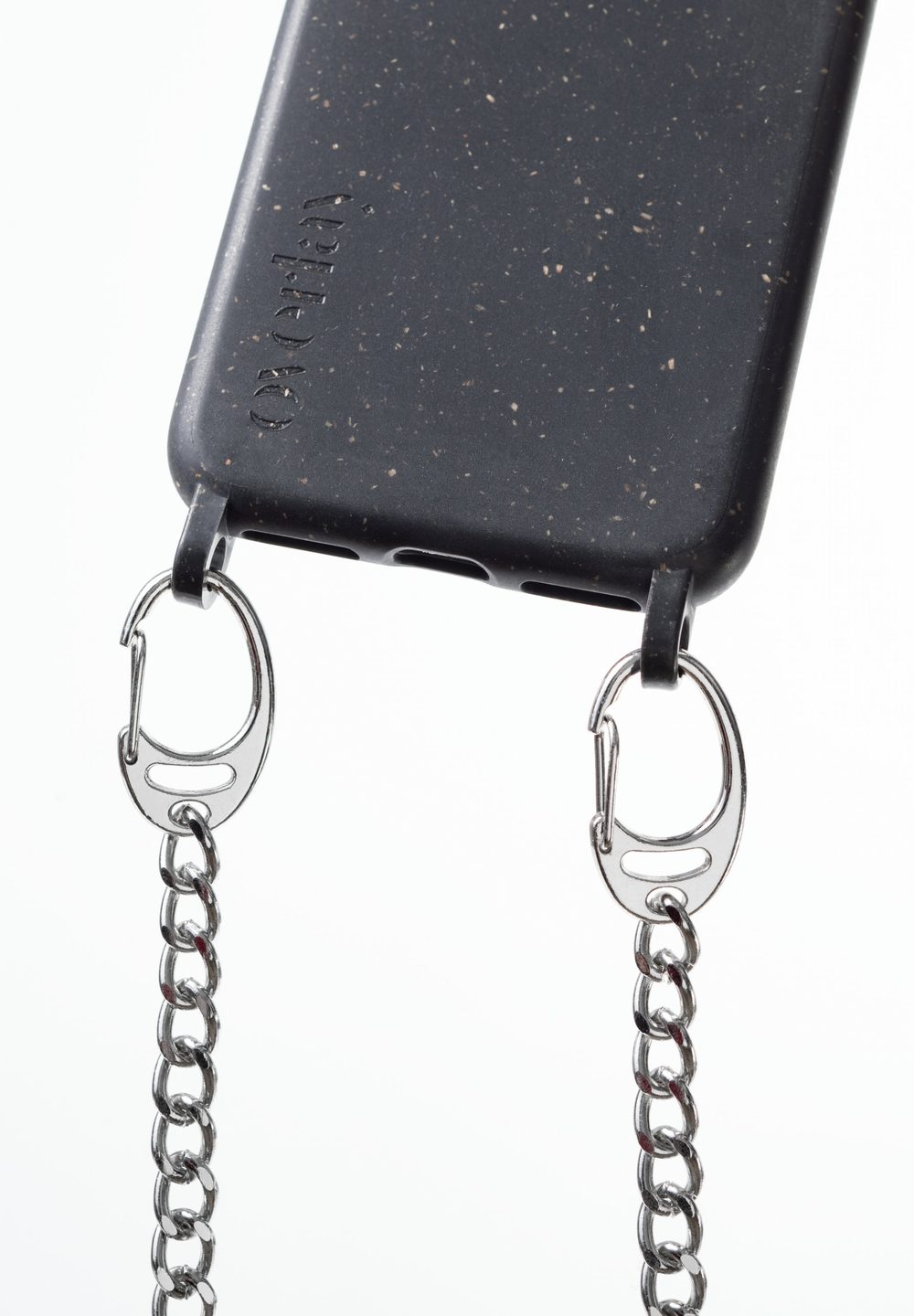 Mister T. silver chain on black biodegradable case — view 2